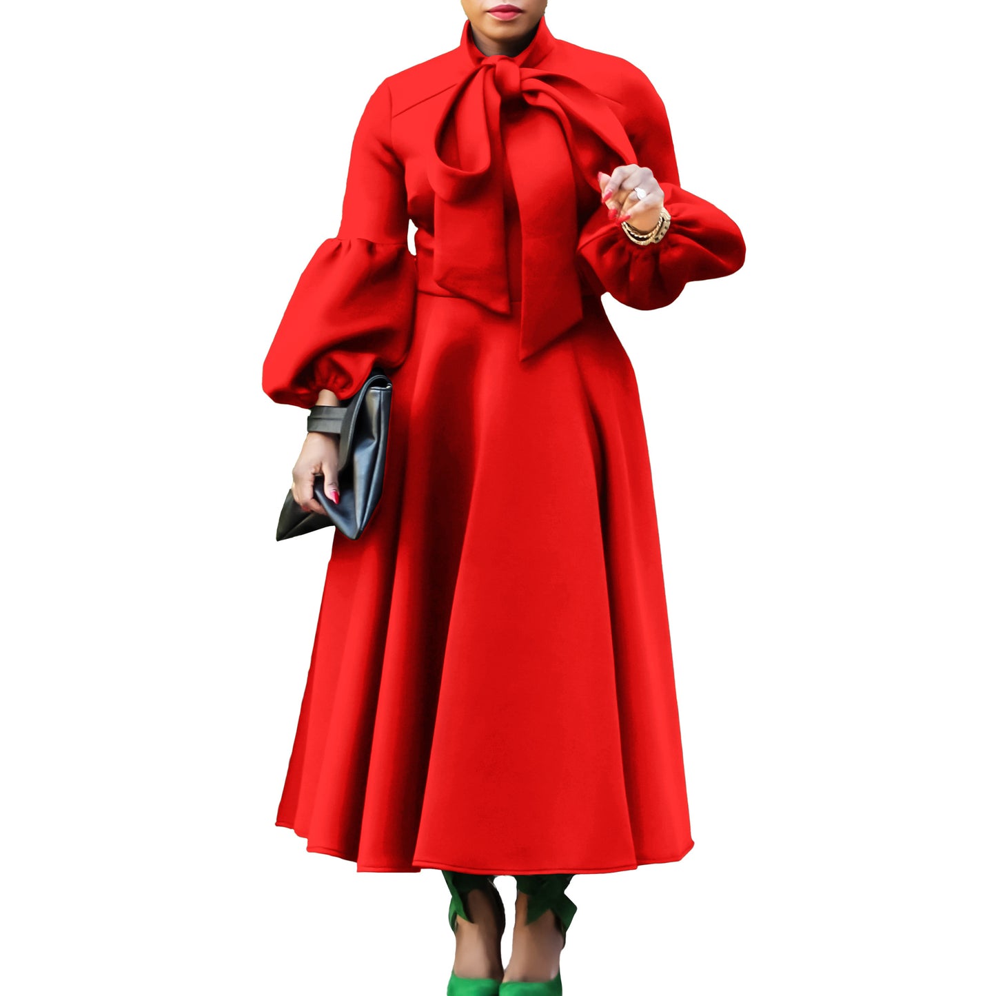 Robe midi pour dames avec col à nouer et manches volumineuses Chic und Stil