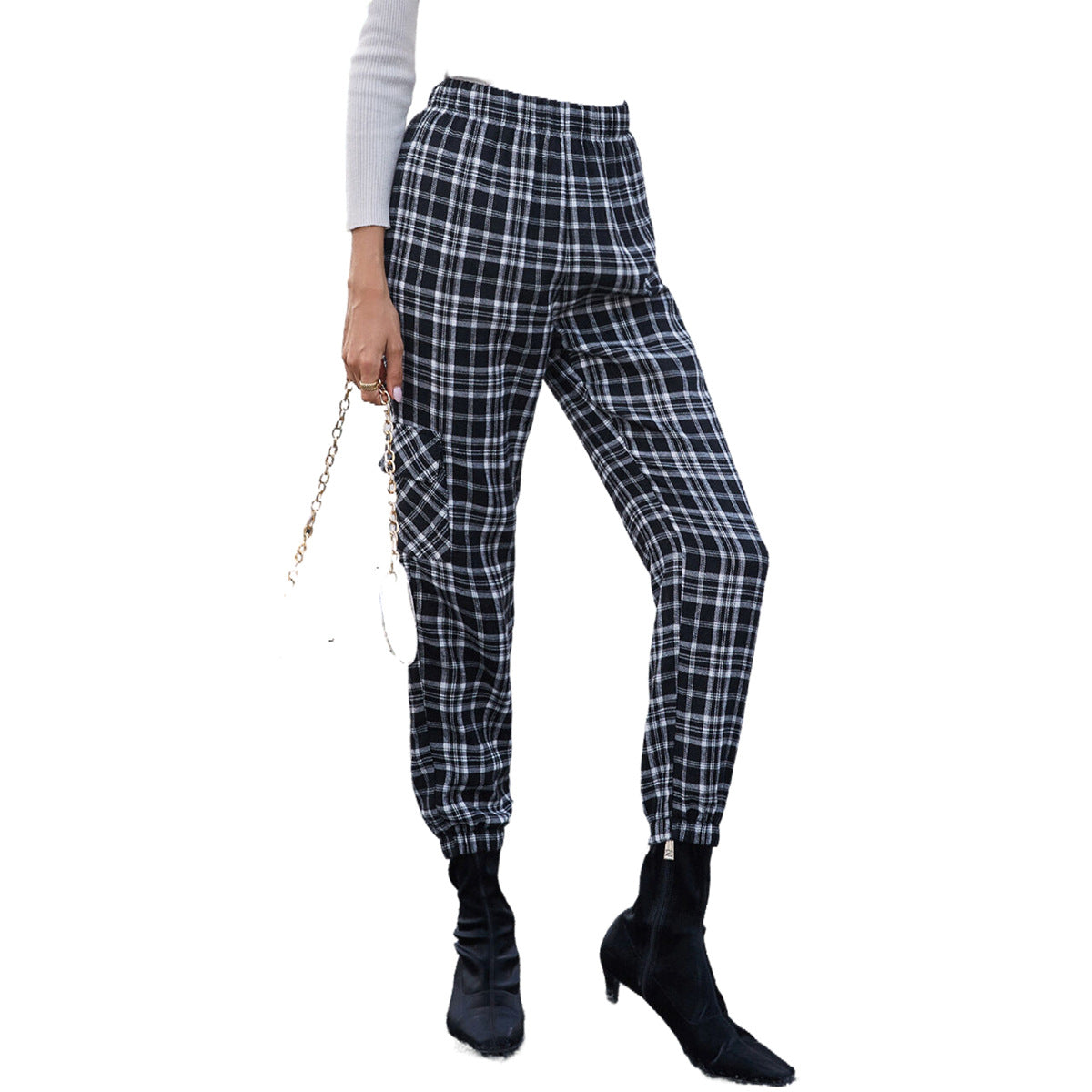 Pantalon à carreaux décontracté pour femmes avec taille élastique et poches simples Chic und Stil
