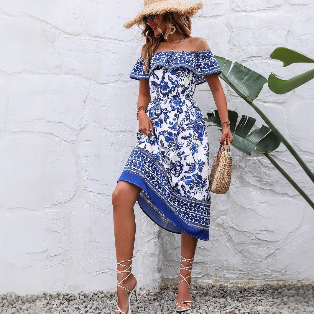 Robe maxi d'été pour femme avec un design dénudé des épaules ludique et un motif floral Chic und Stil