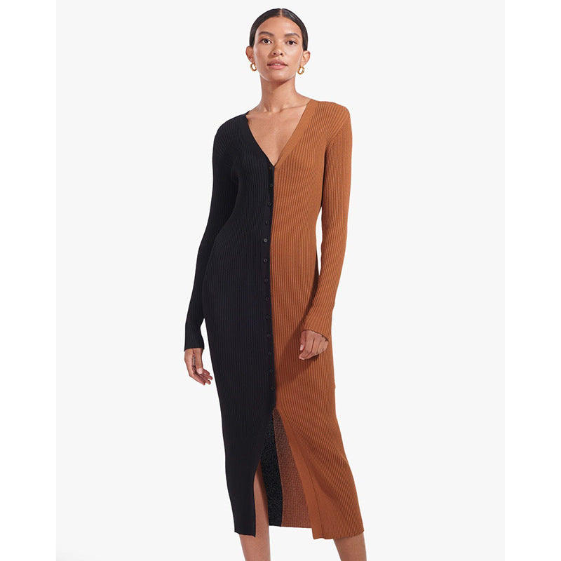 Robes maxi avec design de bouton pour femmes avec décolleté en V profond et texture côtelée Chic und Stil
