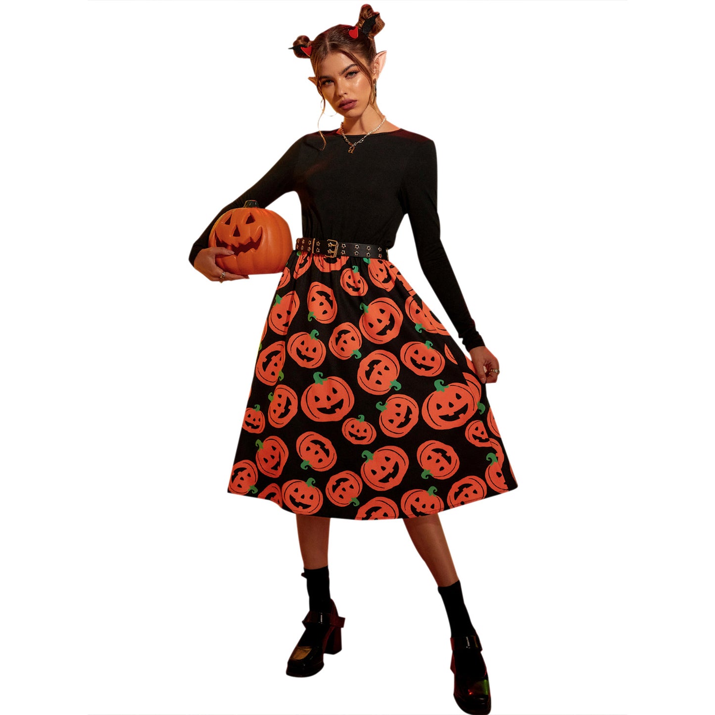 Robe midi pour femmes avec manches longues et motif Halloween Chic und Stil