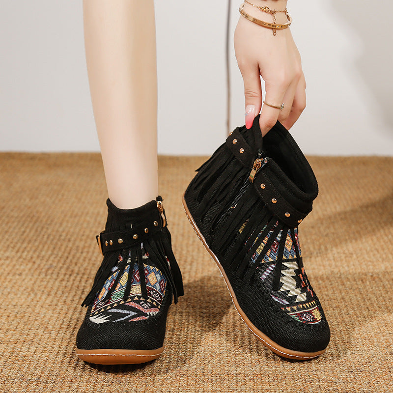 Bottes courtes à franges pour dames en tissu de haute qualité avec un motif ethnique coloré Chic und Stil
