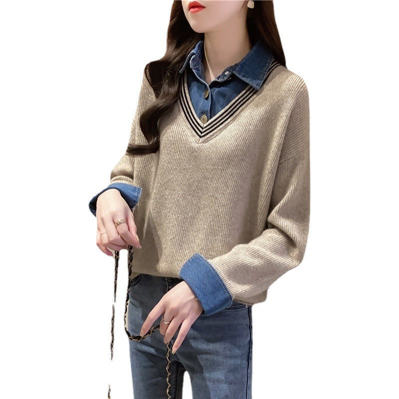 Pull femme à col V avec détails en denim Chic und Stil