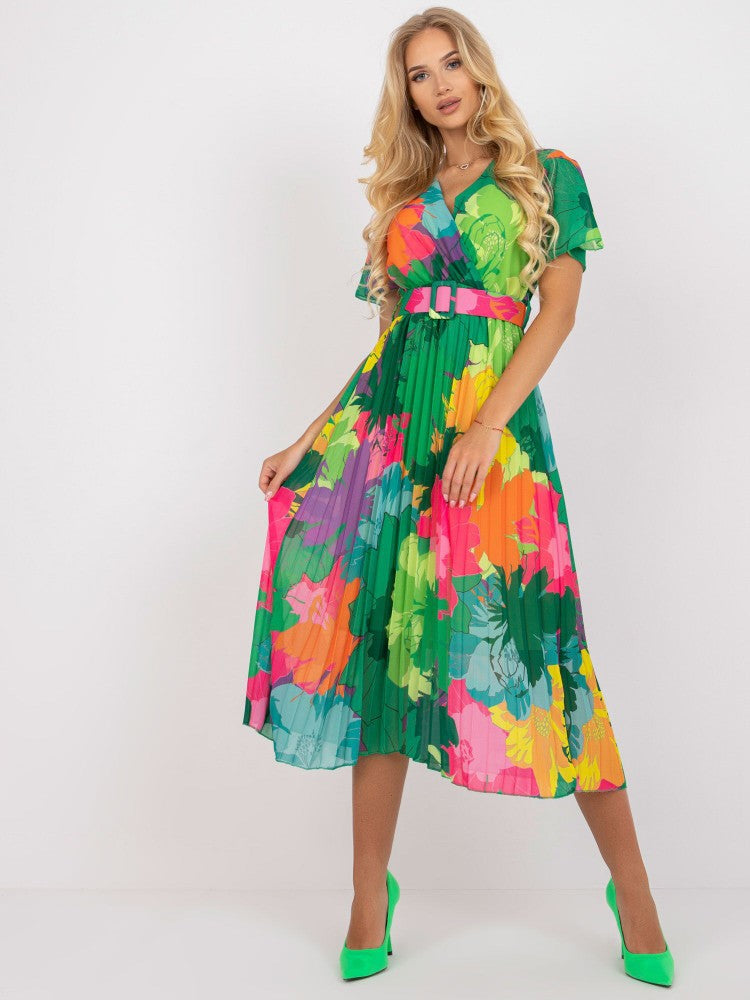 Robe midi portefeuille plissée pour femmes avec motif floral coloré Chic und Stil