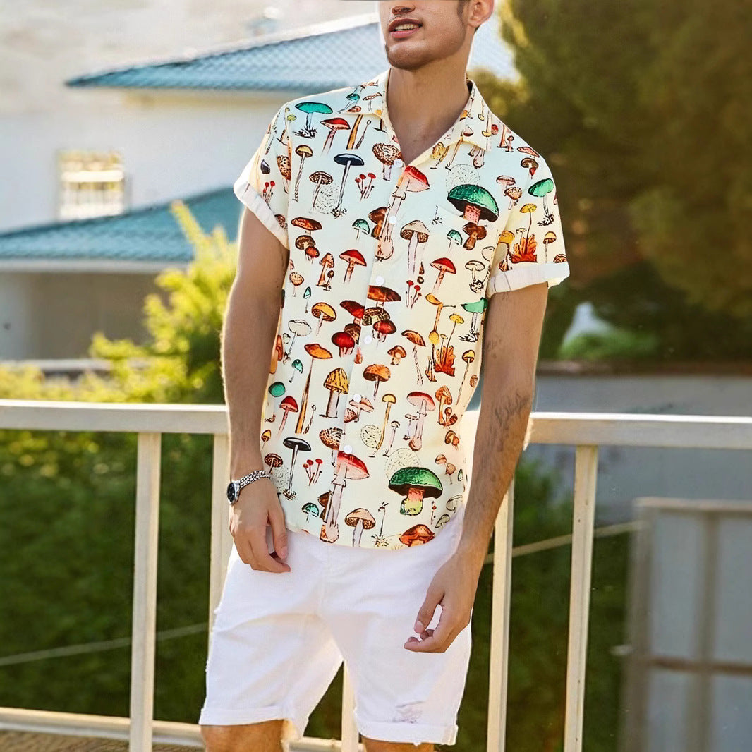 Chemise à manches courtes pour hommes avec un motif de champignon coloré et en coton respirant Chic und Stil