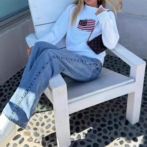 Pull décontracté pour femme avec motif de drapeau créatif et tricot doux Chic und Stil