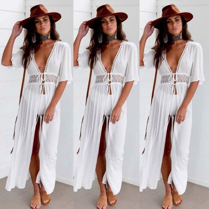Femme Bohemian Détail en Crochet Plage Couvrir-Vêtement Robe Chic und Stil