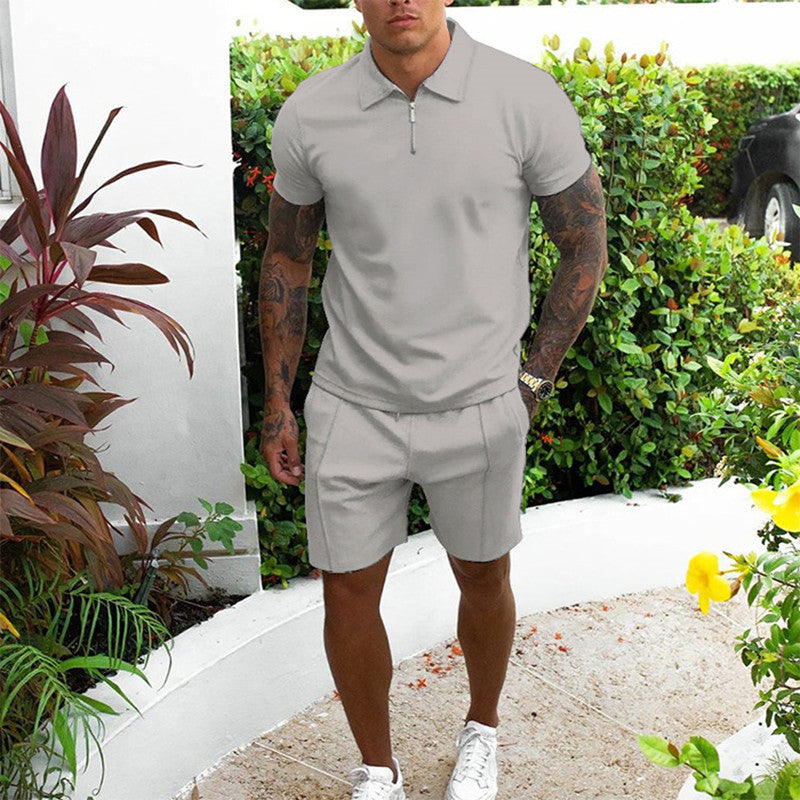 Hommes Freizeit-Zip-Up Polo et Shorts Set Chic und Stil
