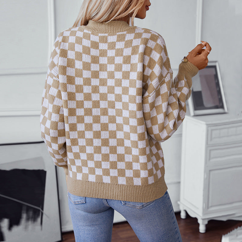 Pull femme décontracté à col en V avec motif à carreaux et coupe ample Chic und Stil