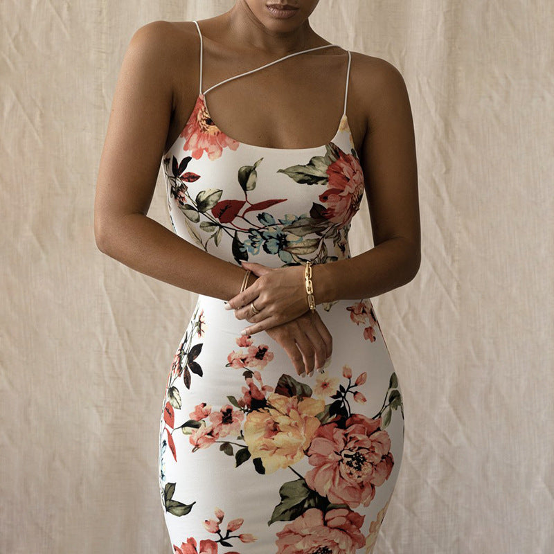 Women's Floral Print Bodycon Dress with Asymmetrical Straps Design Chic und Stil