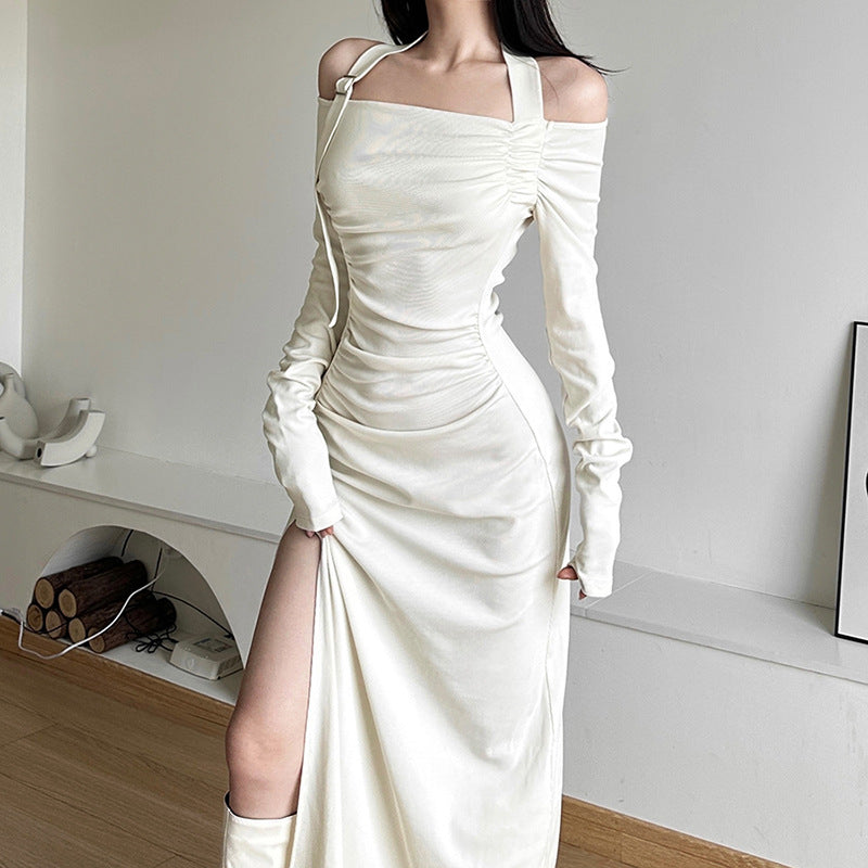 Dames Élégant Maxi Robe avec Design d'Épaule Asymétrique et Détails de Volant Raffinés Chic und Stil