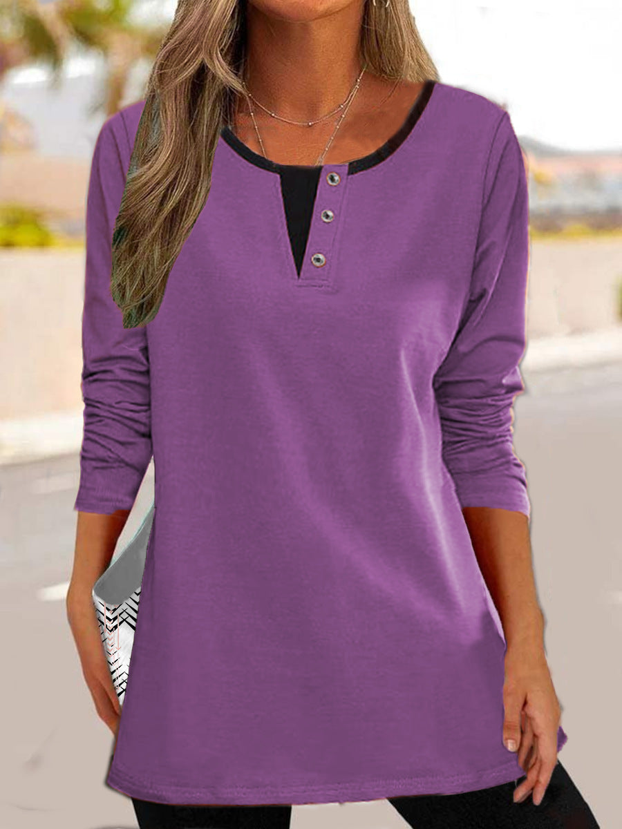 T-shirt à manches longues pour femmes avec encolure à boutons recouverts et poches latérales modernes Chic und Stil