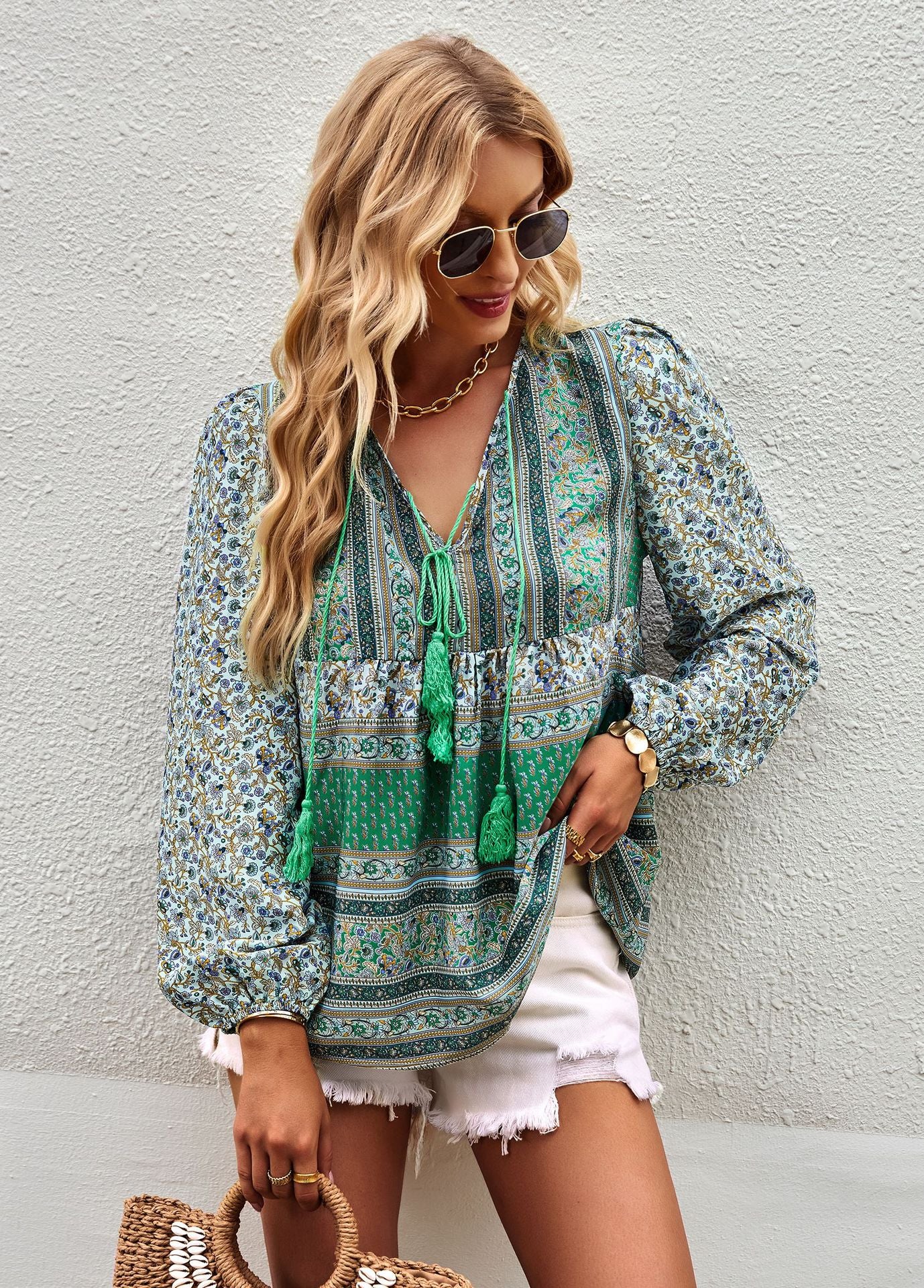 Airy feminine blouse with trendy boho pattern and elegant ruffle details Chic und Stil