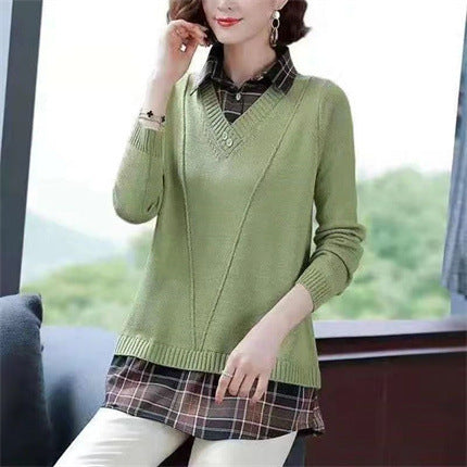 Pull-over en tricot superposé pour femmes avec décolleté en V et blouse tendance.