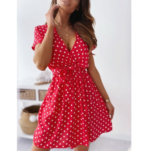 Robe Mini A-Ligne à Pois pour Femme avec Ceinture à Nouer Chic und Stil