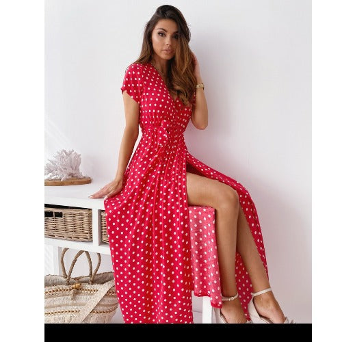 Robe maxi à pois pour femmes avec fente latérale et ceinture à nouer Chic und Stil