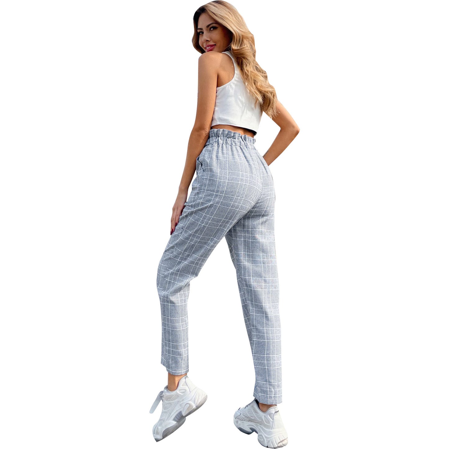 Pantalon taille haute à carreaux pour femmes avec taille élastique et détails de bouton classiques Chic und Stil