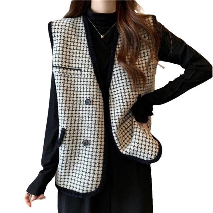 Dames élégant gilet en tricot à motif à carreaux Chic und Stil
