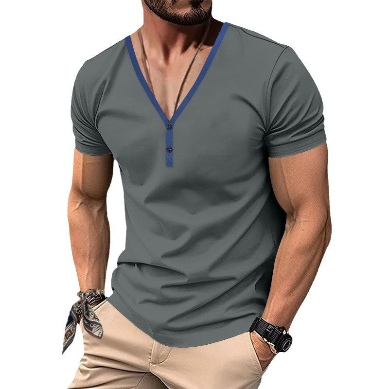 T-shirt pour hommes à col en V avec patte de boutonnage et détail contrastant Chic und Stil