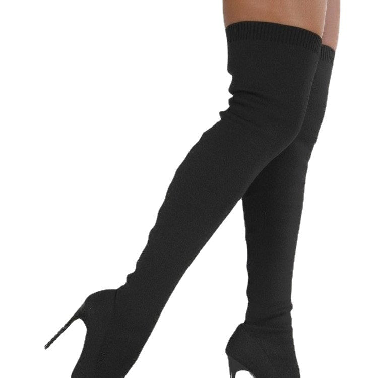 Bottes dames au genou avec un élégant talon et une structure en tricot de haute qualité Chic und Stil