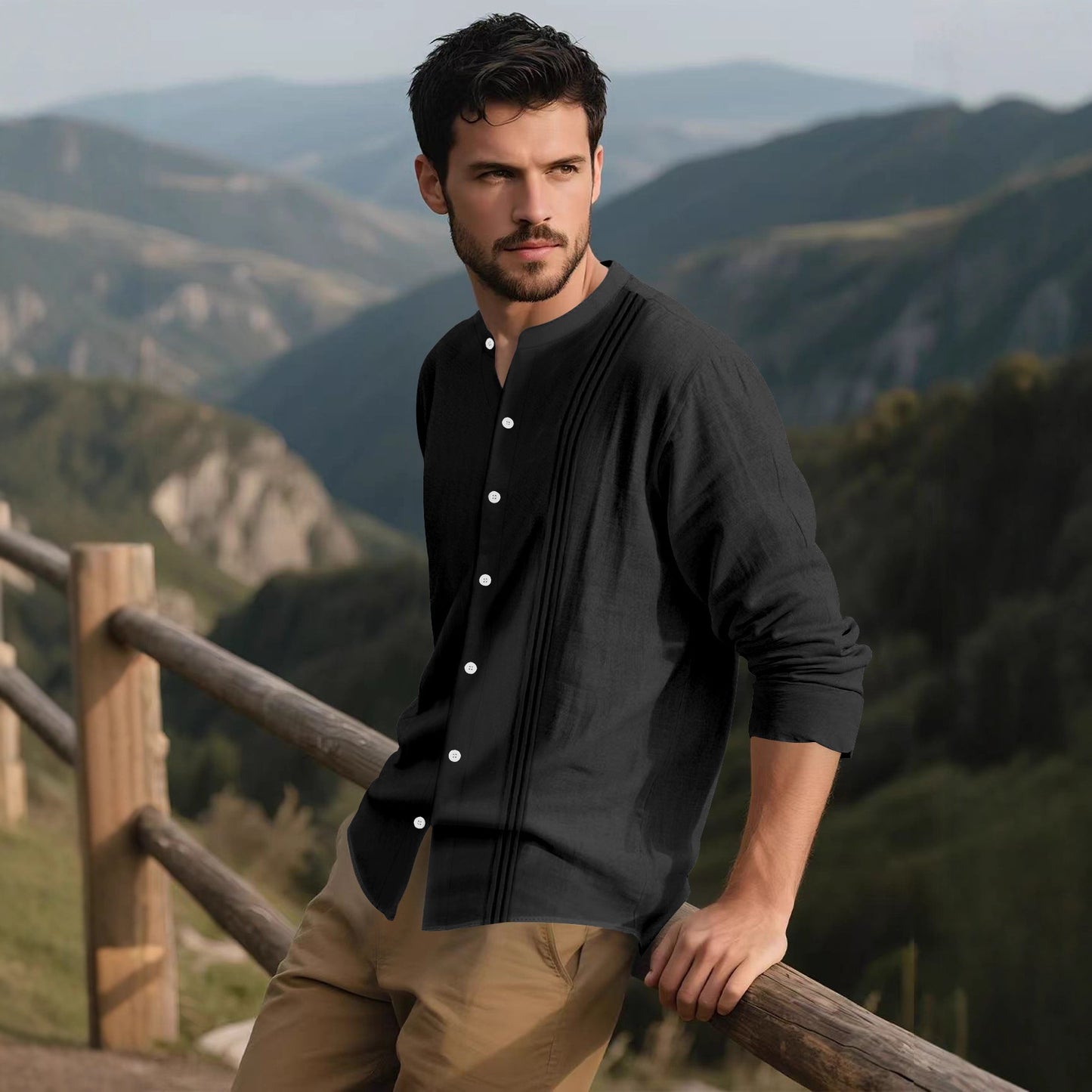 Chemise à manches longues tendance pour hommes avec surface texturée et col montant innovant Chic und Stil