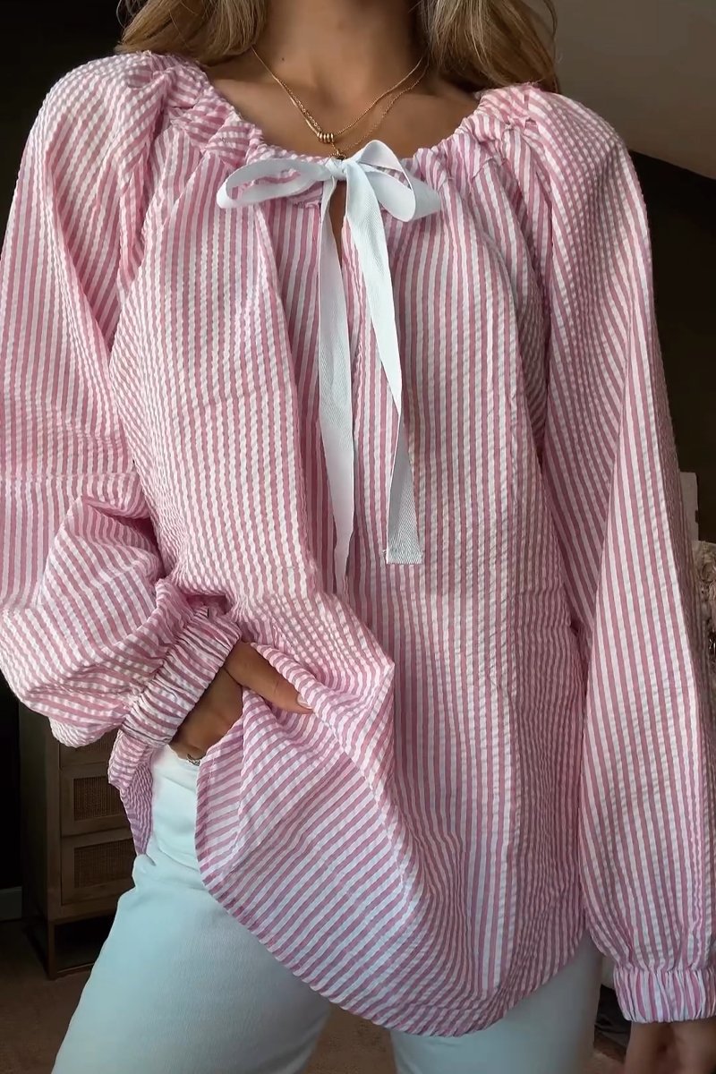 Blouse dames avec décolleté élastique et lien en nœud Chic und Stil