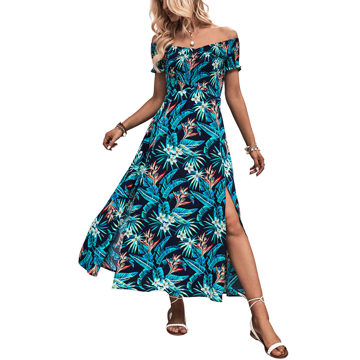 Robe Maxi Fleur Off-Shoulder Femmes avec Détail de Fente Haute Chic und Stil