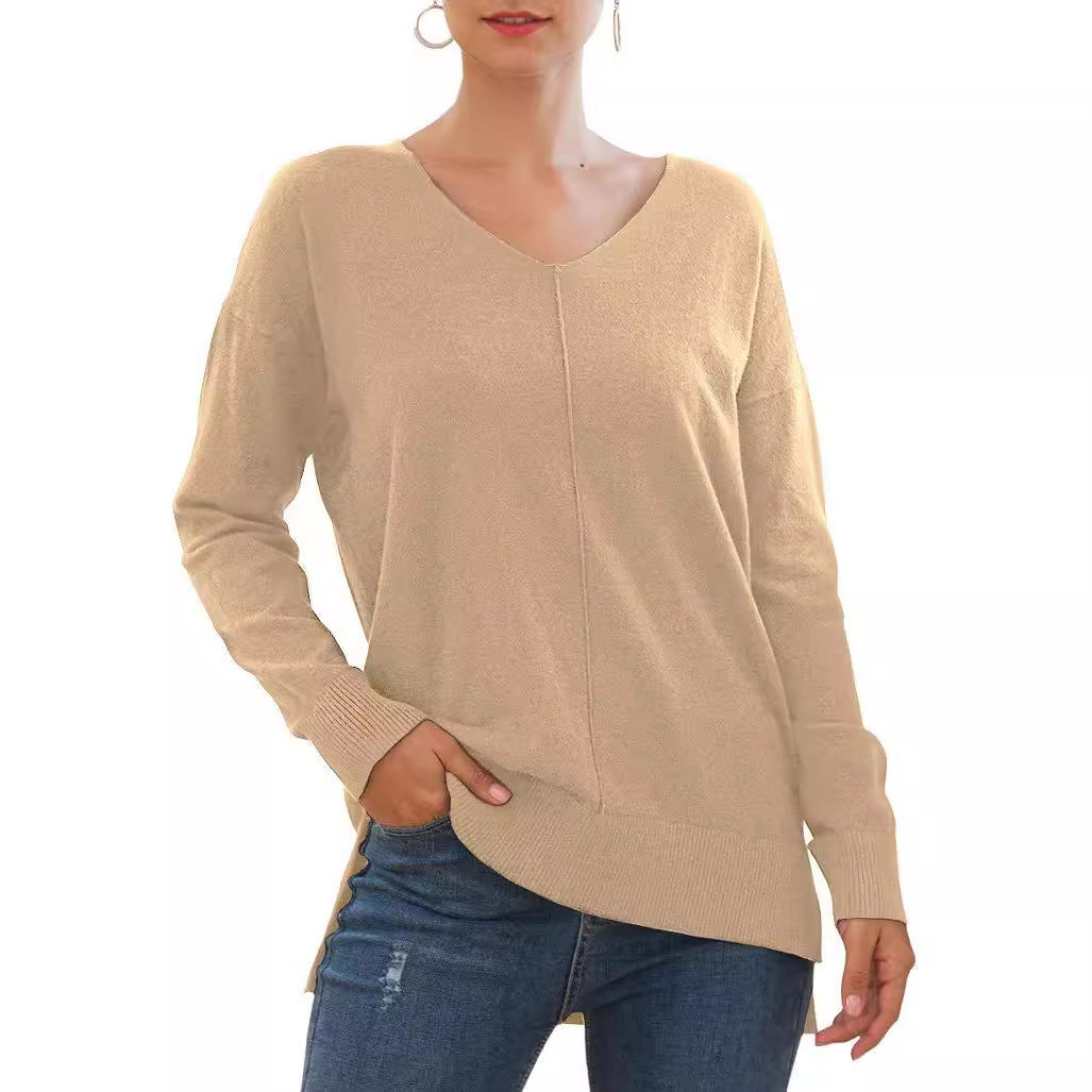 Pull élégant femmes à décolleté en V avec ourlet asymétrique Chic und Stil