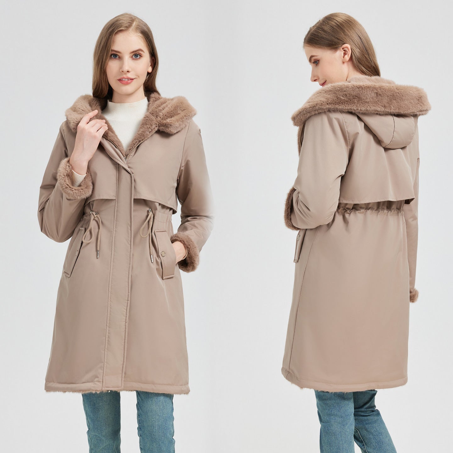 Dames élégant et chaud parka avec col en fausse fourrure amovible et détails de lacets pratiques Chic und Stil