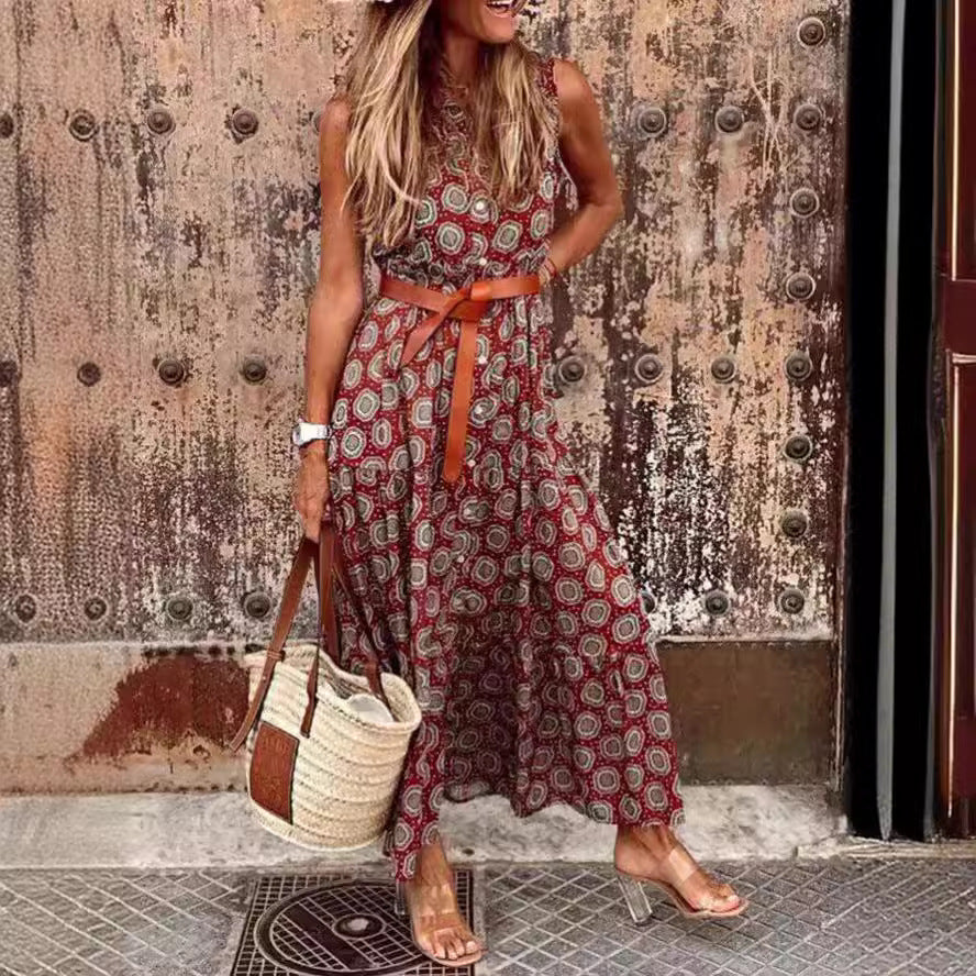 Robe maxi bohémienne pour femmes avec ceinture à la taille et motif floral Chic und Stil