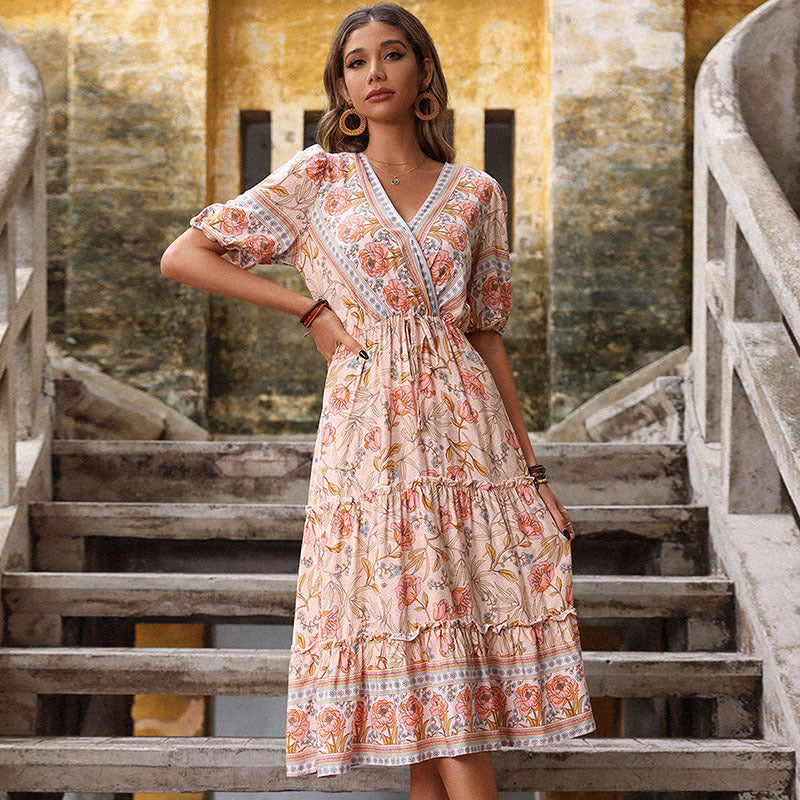 Femme Bohemian Robe Midi Plissée Chic und Stil