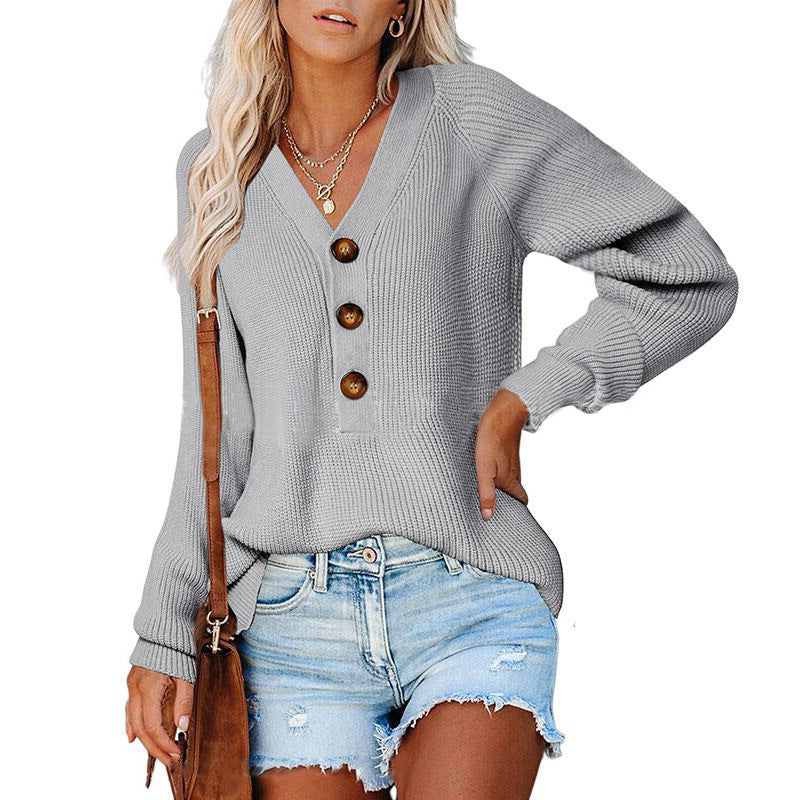 Pull en tricot pour dames avec détails de boutons et décolleté en V plongeant Chic und Stil
