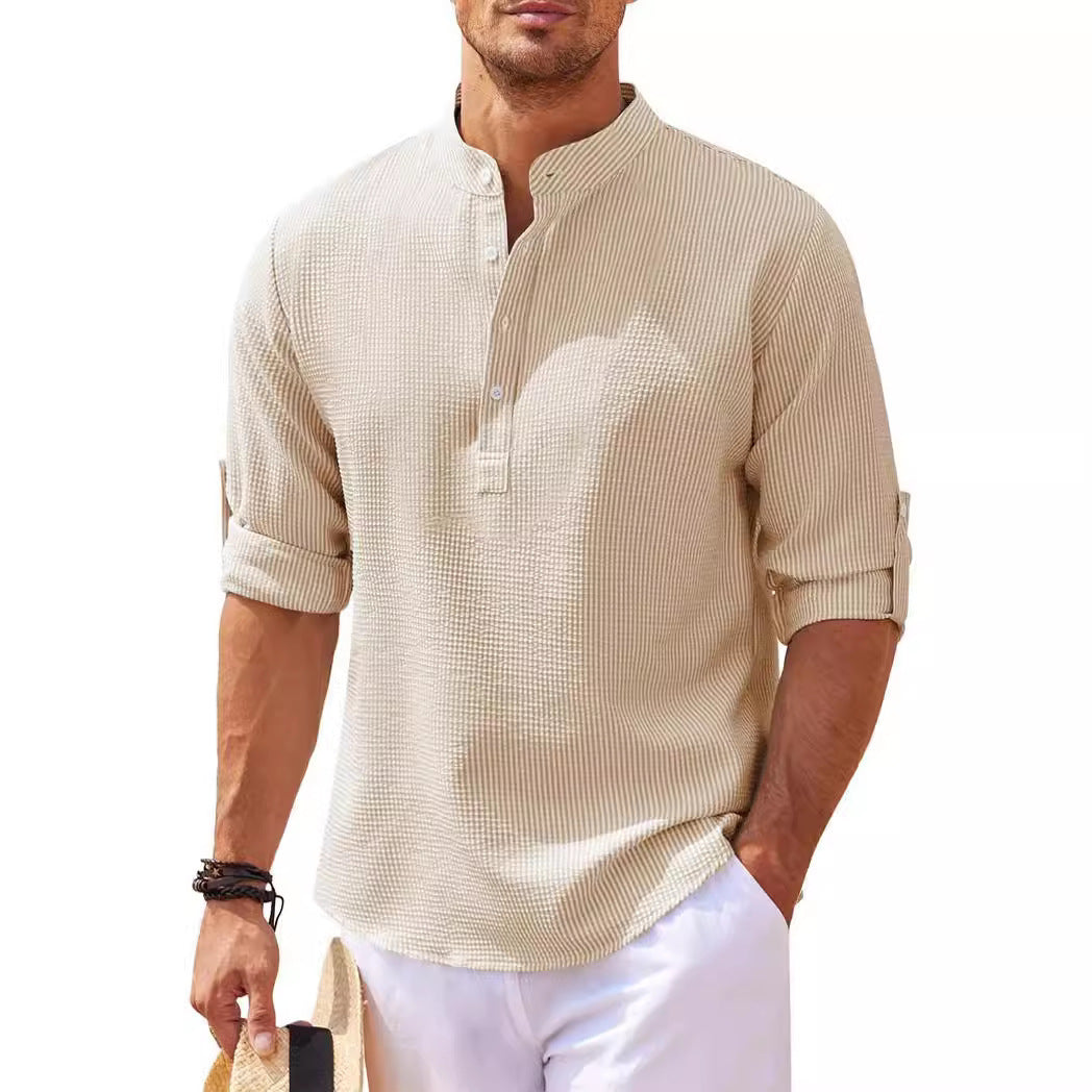 Chemise décontractée à manches longues pour homme avec col montant et structure côtelée Chic und Stil