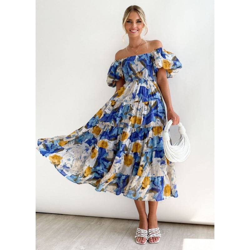 Robe maxi à volants sans épaules pour femmes avec motif floral Chic und Stil