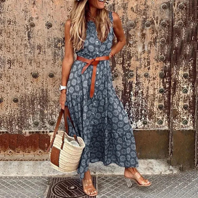 Robe maxi bohémienne pour femmes avec ceinture à la taille et motif floral Chic und Stil