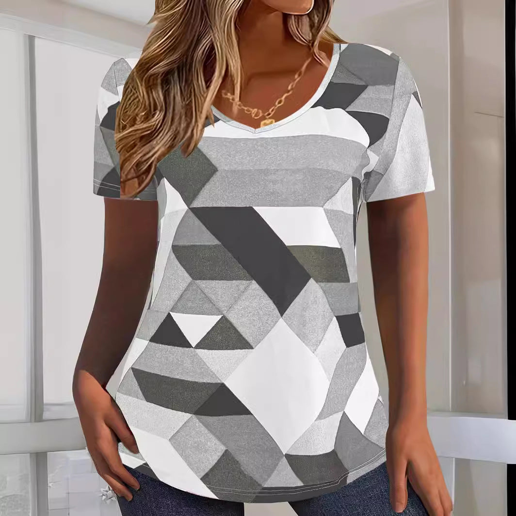 T-shirt dames col en V avec motif géométrique et matériau doux Chic und Stil