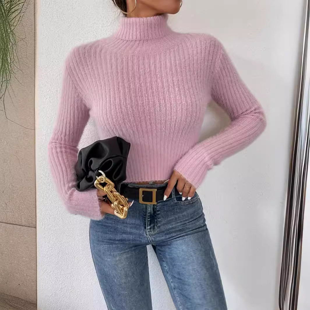 Dames pull fin en tricot avec col montant et design à côtes moderne Chic und Stil