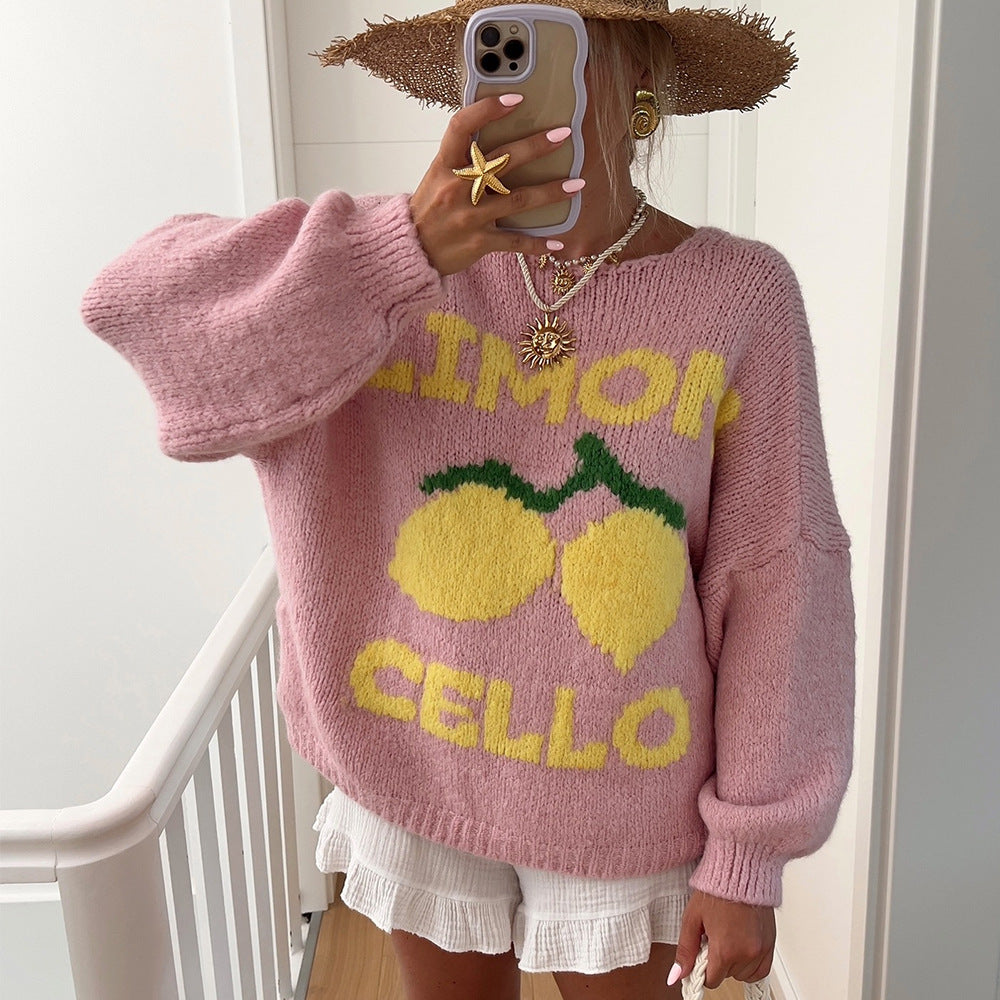 Cardigan à mailles épaisses pour femmes avec un motif de citron unique et une fermeture à boutons Chic und Stil