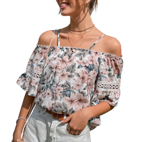 Blouse off-shoulder pour femmes avec des motifs floraux et des manches en dentelle Chic und Stil
