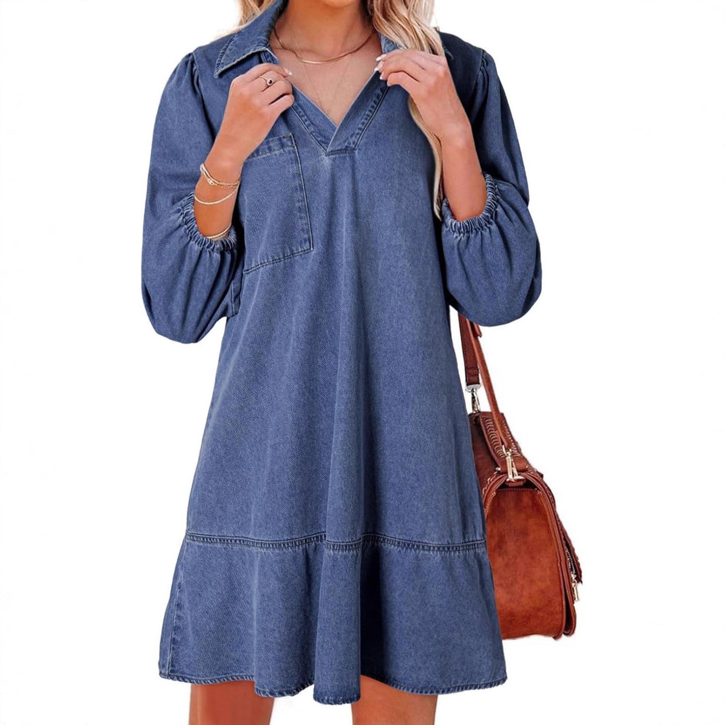 Robe en denim pour femmes avec des manches volumineuses et une poche latérale Chic und Stil