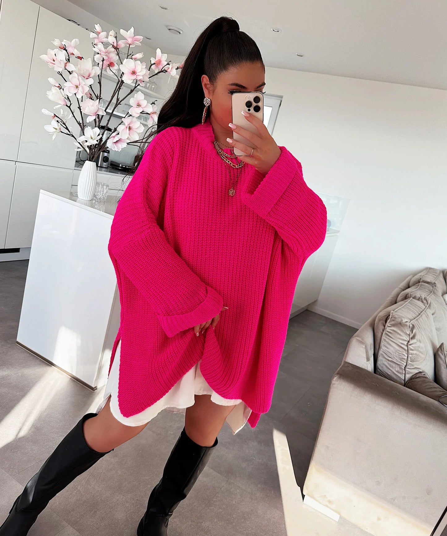 Pull oversized en maille épaisse pour femme avec décolleté en V et coupe décontractée Chic und Stil