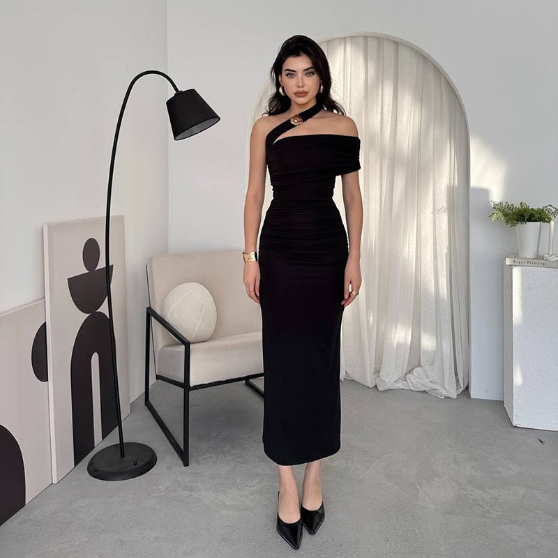 Robe midi à épaule unique froncée pour femme Chic und Stil