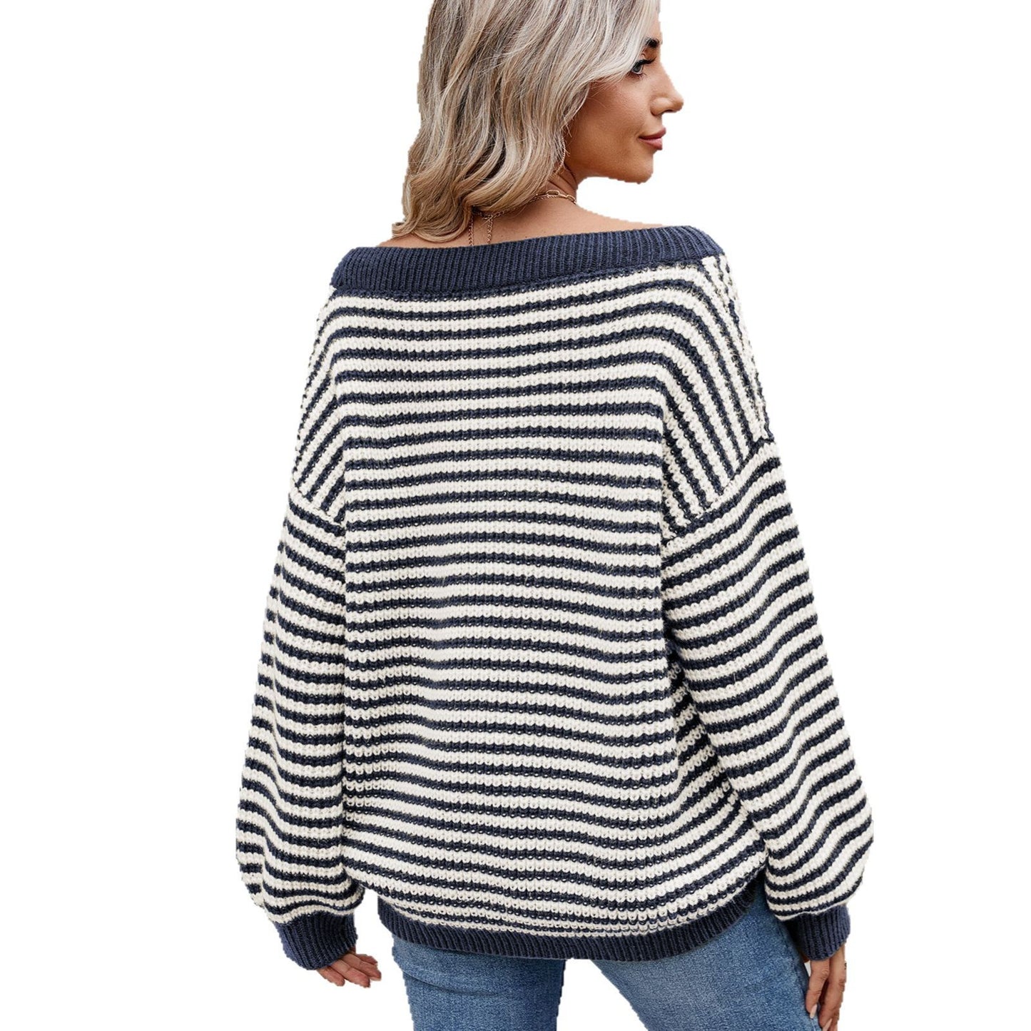 Ladies' round neck knitted sweater with off-the-shoulder design and striped pattern Chic und Stil