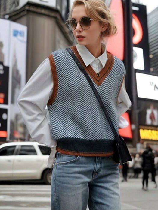 Pull en tricot pour femmes avec décolleté en V et motif zigzag moderne Chic und Stil