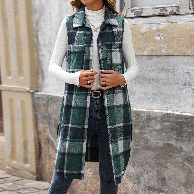 Dames gilet à manches longues avec motif à carreaux et poches pratiques Chic und Stil