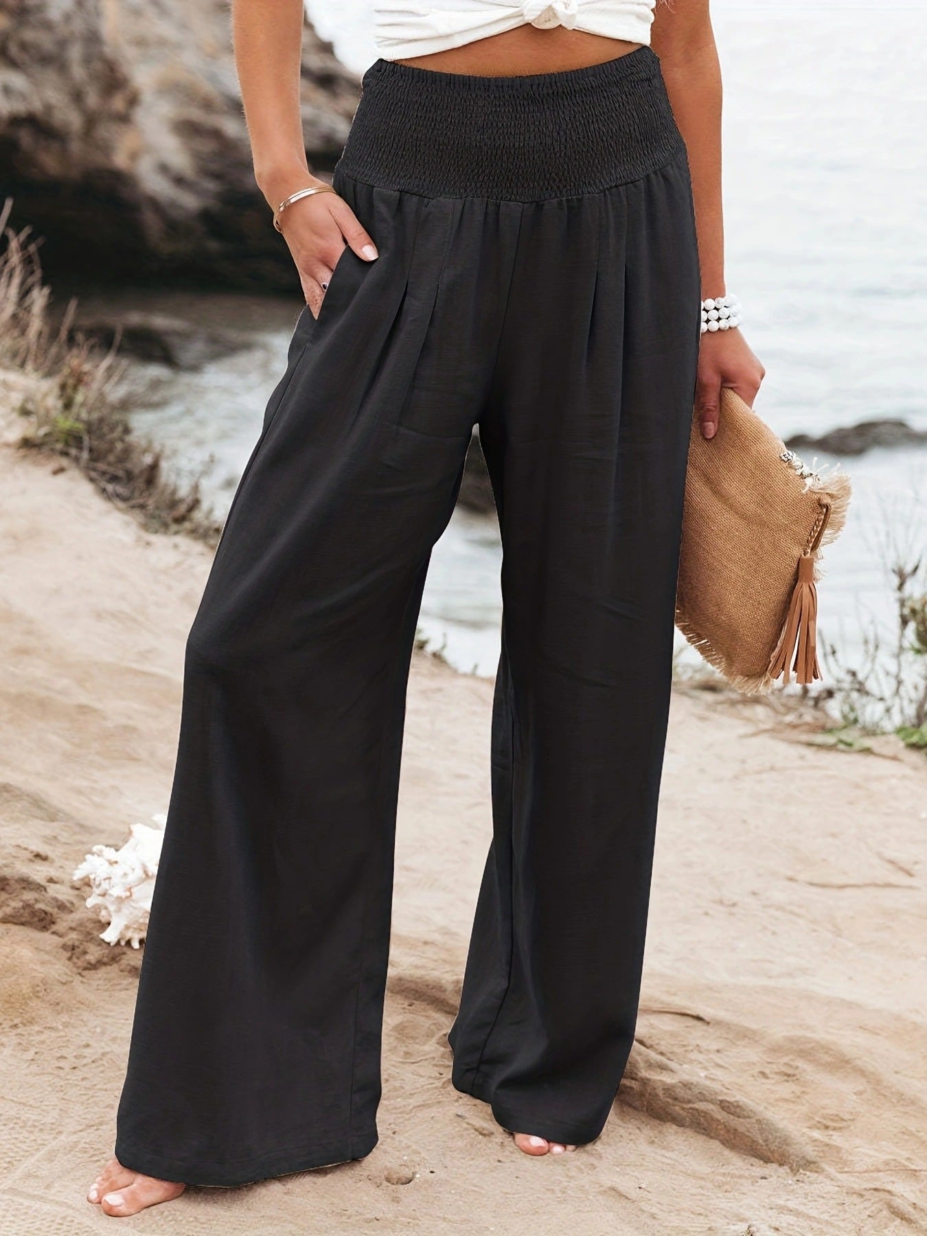 Pantalon d'été ample pour femmes avec taille élastique et élégant drapé Chic und Stil