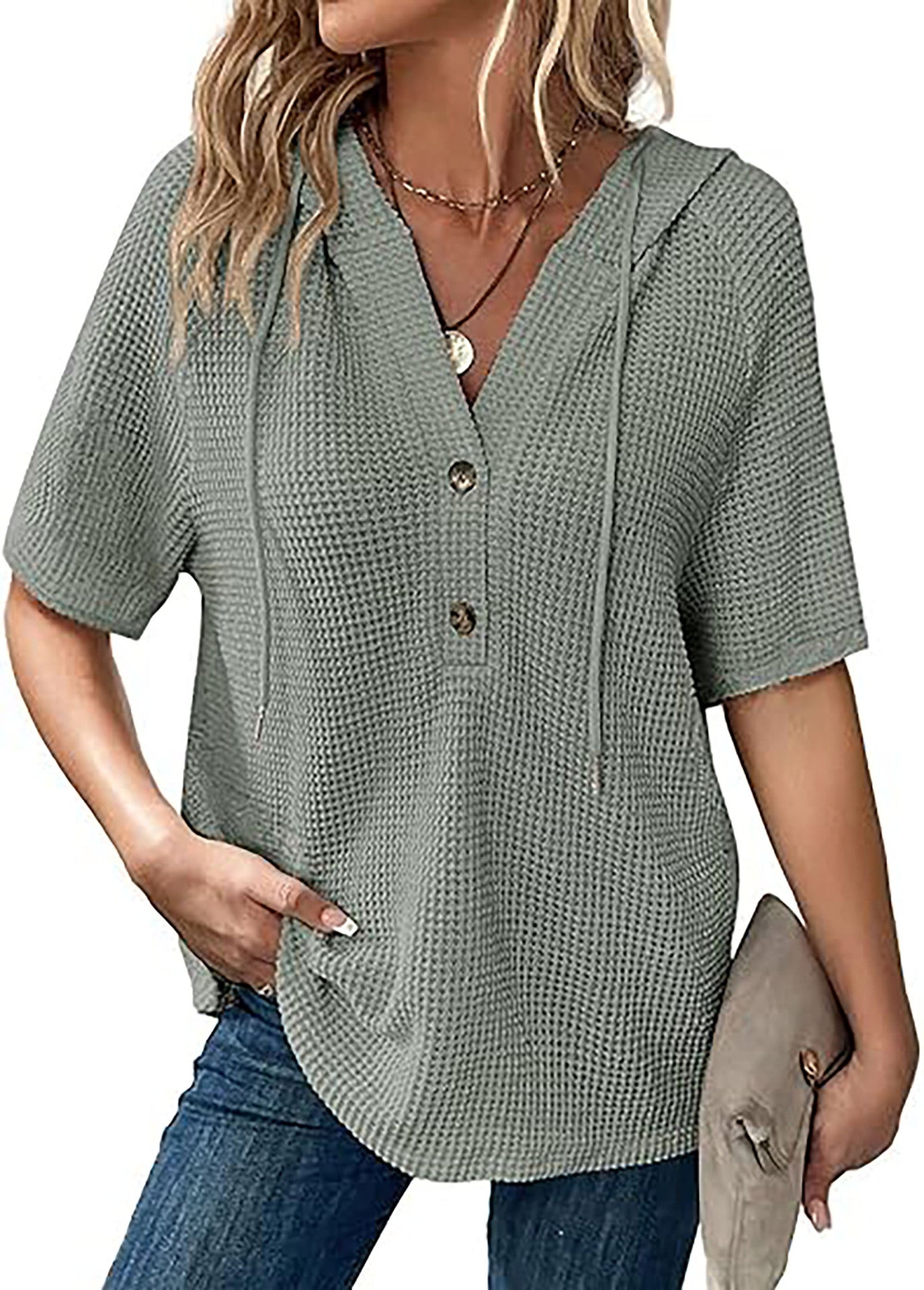 Women's short-sleeved waffle-knit blouse with hood and button placket Chic und Stil
