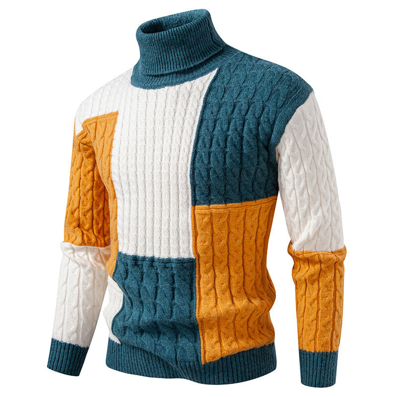 Pull homme hautement encoluré en tricot avec un motif de torsades moderne et des blocs de couleurs attrayants Chic und Stil
