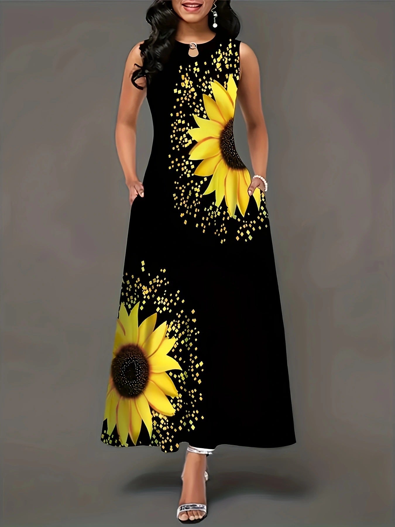 Robe maxi dames avec motif de tournesols colorés et poches pratiques Chic und Stil
