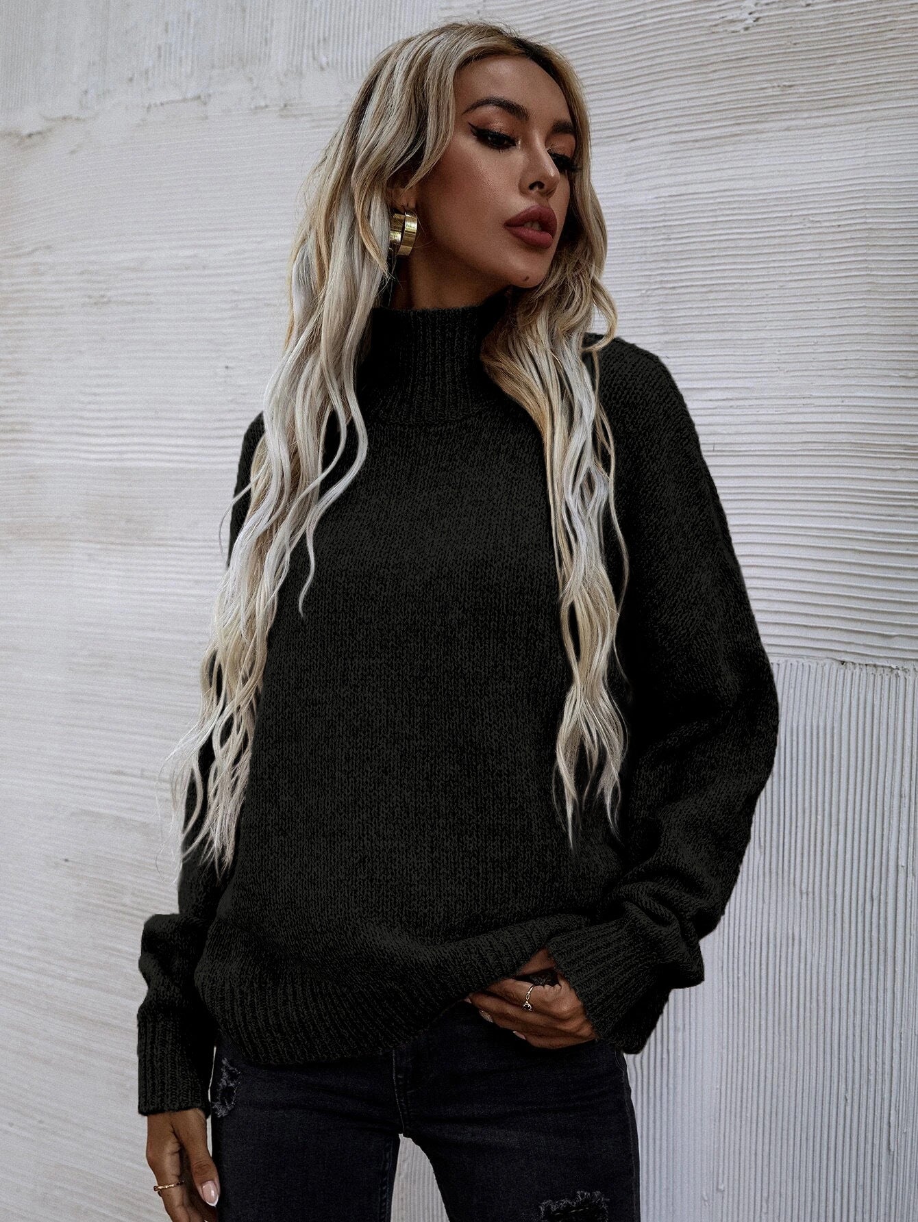 Pull en tricot surdimensionné pour femmes avec col haut et motif texturé doux Chic und Stil